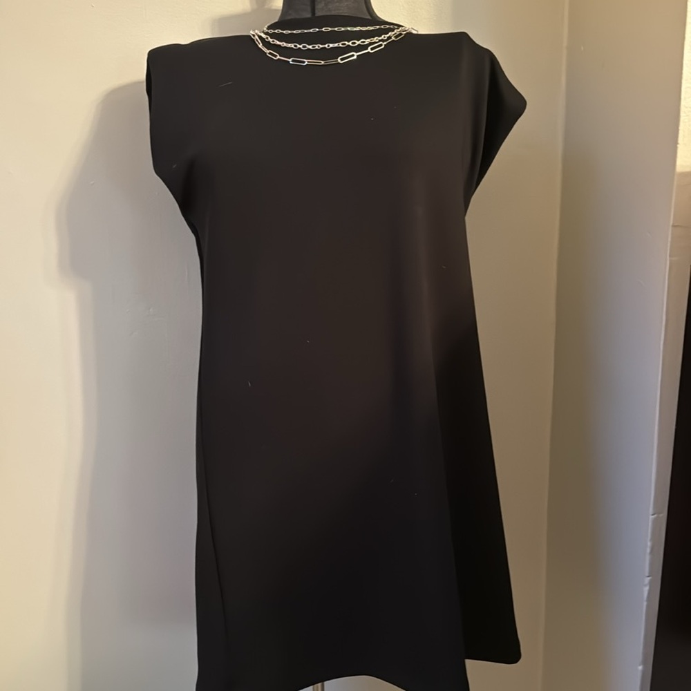 Rachel Zoe, Black Dress, Size Large. Mock Sleeves w/ Shoulder Pads